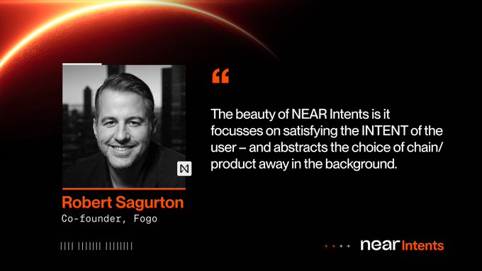 A promotional quote graphic featuring Robert Sagurton, Co-founder of Fogo, praising 'NEAR Intents' for abstracting away chain/product choices, branded with the near|intents logo.
