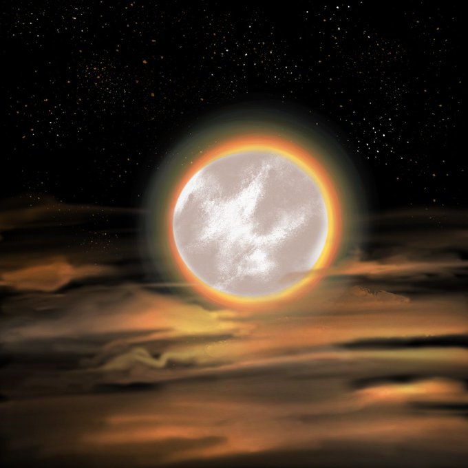 A glowing full moon with a rainbow halo shines through clouds against a starry night sky.