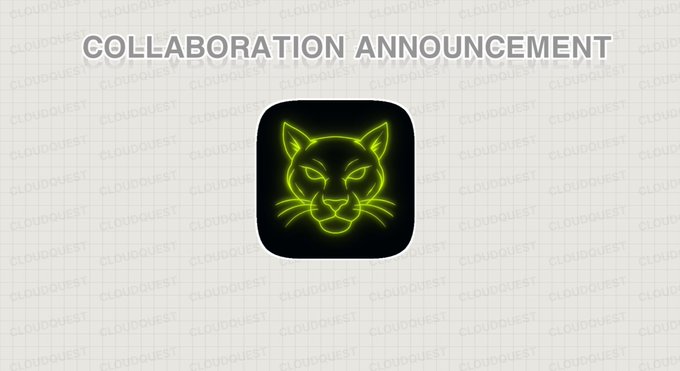 Announcement graphic with the text 'COLLABORATION ANNOUNCEMENT' above a neon green glowing cougar/animal head logo on a black background, watermarked with 'CLOUDQUEST'.
