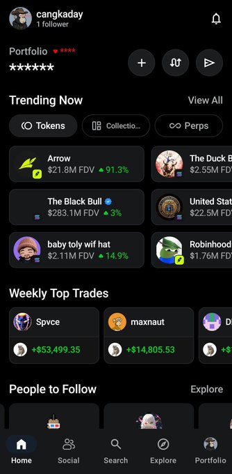 A mobile app screenshot of a crypto portfolio tracker showing trending tokens including Arroy, The Black Bull, baby toly wif hat, and Robinhood.