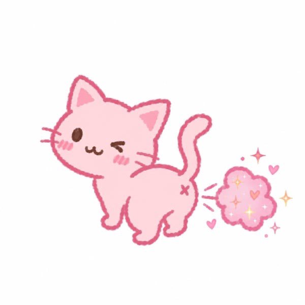 A cute pink cartoon cat with rosy cheeks winks while leaving behind a sparkly pink poof trail with hearts. The whimsical image captures the playful, feminine aesthetic often used in meme coin marketing to attract a female audience.