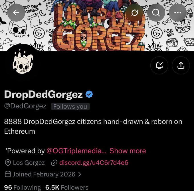 A Twitter/X profile page for verified user "DropDedGorgez" (@DedGorgez) showcasing their NFT collection of "8888 DropDedGorgez citizens hand-drawn & reborn on Ethereum," with 6.5K followers and based in Los Gorgez. The image relates to the post by displaying the official source account that the user is thanking for their 1/96 rarity Gorgi NFT.