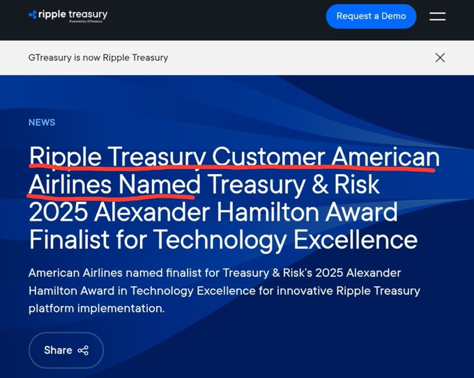 A news article from Ripple Treasury announcing that customer American Airlines was named a finalist for Treasury & Risk's 2025 Alexander Hamilton Award for Technology Excellence.