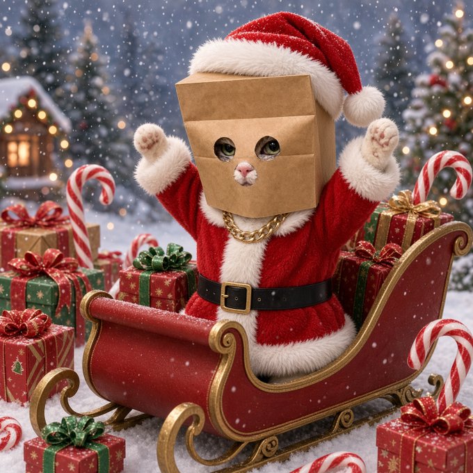 A white cat wearing a Santa hat and a gold chain has a brown paper bag with eye holes over its head while sitting in a sleigh filled with presents.