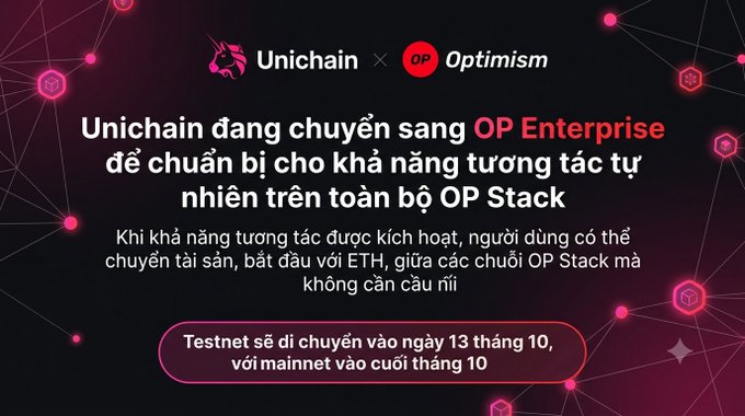 An announcement graphic in Vietnamese for "Unichain x Optimism" reads "Unichain đang chuyển sang OP Enterprise..." and notes that the Testnet will migrate on October 13th with the mainnet by the end of October.