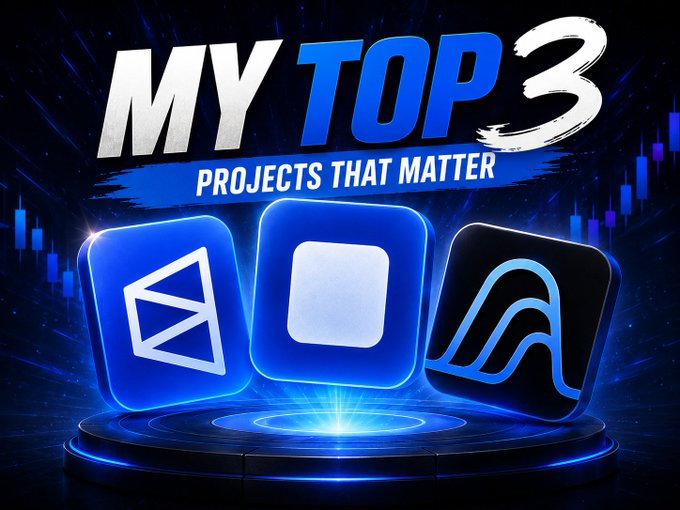 The image features a blue background with three different icons representing projects that matter. The first icon shows an app, the second one displays a website, and the third one represents a social media platform. Below these icons, there's text that reads "My Top 3 Projects That Matter". This suggests that the person who created this post is interested in identifying and promoting innovative or promising projects within their field of interest.
