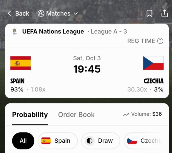 A sports betting app interface shows a UEFA Nations League match between Spain and Czechia scheduled for Saturday, October 3 at 19:45, with Spain favored.