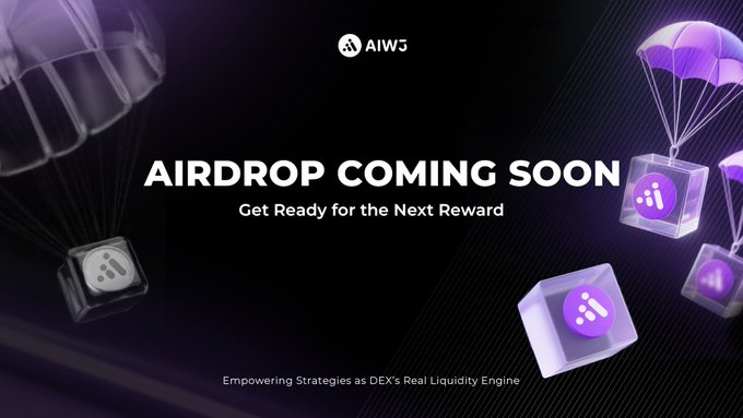 A sleek promotional banner for AIW3 announces "AIRDROP COMING SOON — Get Ready for the Next Reward," featuring purple parachutes delivering cube packages against a dark background, with the tagline "Empowering Strategies as DEX's Real Liquidity Engine." The image visually reinforces the post's message about AIW3's ongoing ecosystem incentive program, signaling that further airdrop rewards will continue beyond the Genesis Airdrop.