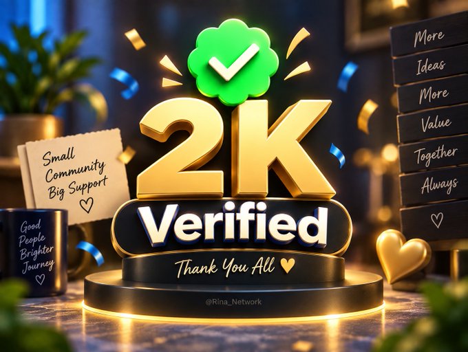 A celebratory 3D graphic celebrating '2K Verified' with green checkmark badge and 'Thank You All' text, branded with @Rina_Network, featuring messages like 'Small Community Big Support' and 'More Ideas More Value Together Always'.