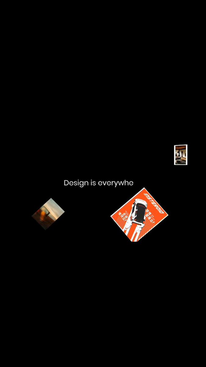 The image features a black background with white text that reads "Design is everywhere". Below this, there are three small images of different designs - one red square sign, another orange triangle sign, and a smaller orange rectangle sign. The design elements appear to be related to the concept of design in various forms.