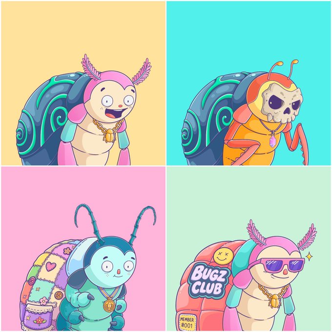 A four-panel cartoon image featuring cute, anthropomorphic bug characters with colorful shells, including one wearing sunglasses with "BUGZ CLUB" and "MEMBER #001" on its shell, and another with a skull-like face, presented in a Memphis-style aesthetic as artwork for the @unvault NFT collection.