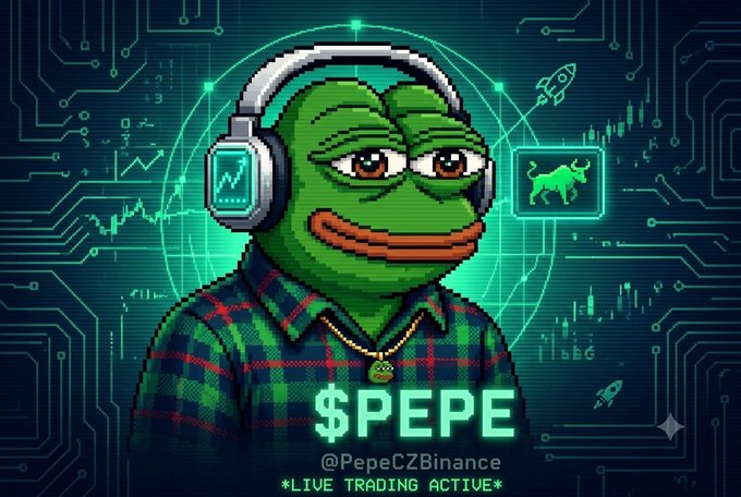 A Pepe the Frog meme image wearing headphones and a plaid shirt, set against a circuit board background, with the text '$PEPE', '@PepeCZBinance', and '*LIVE TRADING ACTIVE*'.