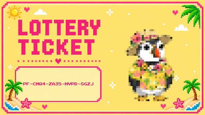 A colorful pixel-art styled 'LOTTERY TICKET' graphic featuring a penguin in a Hawaiian outfit with a code 'PF-CM04-ZA35-NVPD-SGZJ' displayed.
