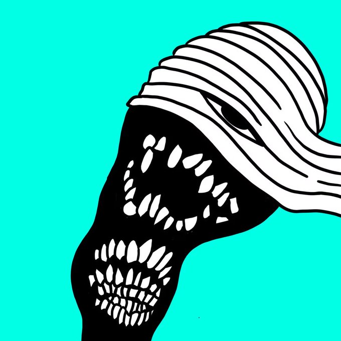 A stylized black and white illustration of a skull wearing a turban against a bright turquoise background.