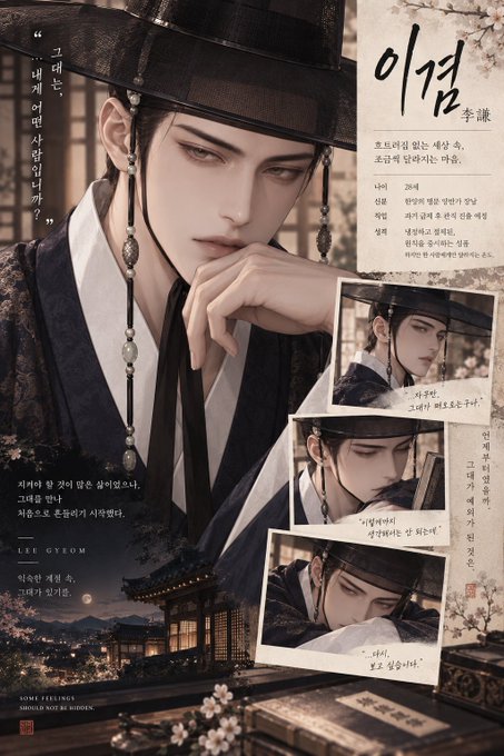 This appears to be a promotional character profile card for Lee Gyeom (이겸/李謙), featuring an illustrated man in traditional Korean attire with a hat and beaded ornament, set against a nighttime palace scene with cherry blossoms.

The image showcases character details like age 26, MBTI INTJ, and personality traits in Korean, with several smaller inset panels showing different expressions of the character alongside dialogue snippets, all under the branding "ROMANCE WITH RE-BIRTHEN."