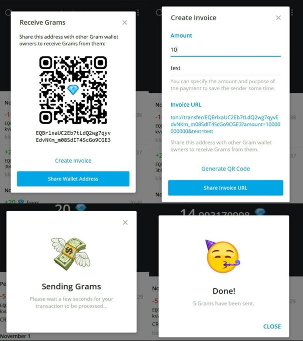 The image shows four screenshots of the GRAM wallet interface, including "Receive Grams," "Create Invoice," "Sending Grams," and a "Done! 5 Grams have been sent" confirmation screen. The wallet features QR code functionality for receiving payments, invoice creation with auto-generated URLs, and transaction status displays, illustrating the practical utility of the GRAM token being integrated into Telegram's ecosystem.
