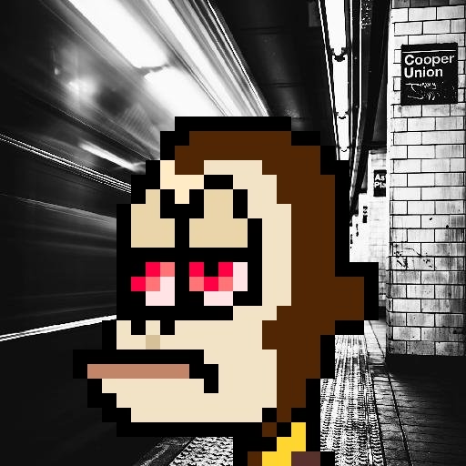 A pixel art illustration of a character with brown hair and red eyes overlaid on a black-and-white subway photo near the Cooper Union station sign.