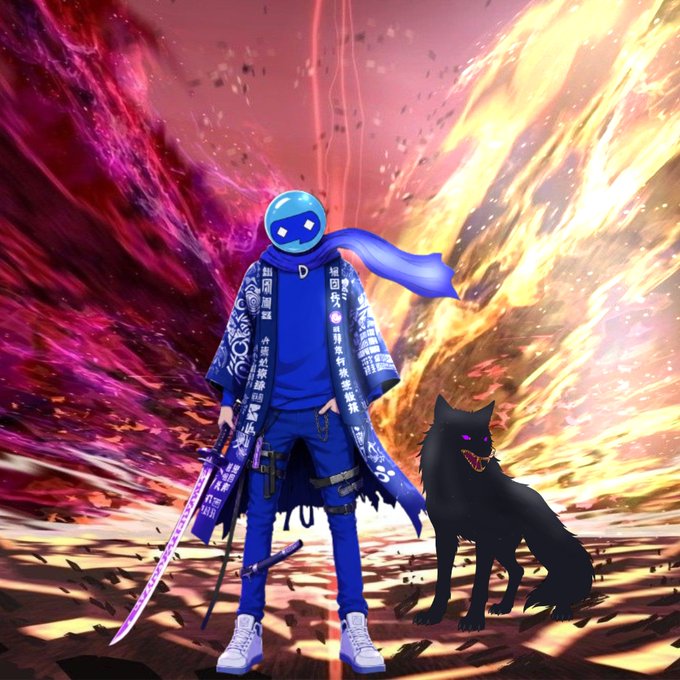 An anime-style illustration of a blue-clad ninja character with a scarf and a sword standing next to a black wolf against a fiery, colorful background.