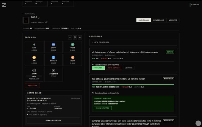 A screenshot of the ZORO DAO dashboard showing a treasury of 1.62k ETH, 30k DAI, 9.99k wstETH, and 0.05k rETH, with an active "v0.2 deployment of zSwap" proposal for 0.0 ETH that includes launch listings and UX/UI enhancements currently open for voting via "VOTE FOR" or "VOTE AGAINST" buttons. The interface reflects the post's announcement that zSwap v0.2 has been queued for a DAO vote, giving shareholders the opportunity to participate in the governance decision.