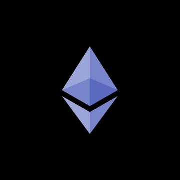The image displays the Ethereum logo—a light blue diamond-shaped geometric symbol—centered on a black background, visually representing the $ETH cryptocurrency being celebrated on its birthday.