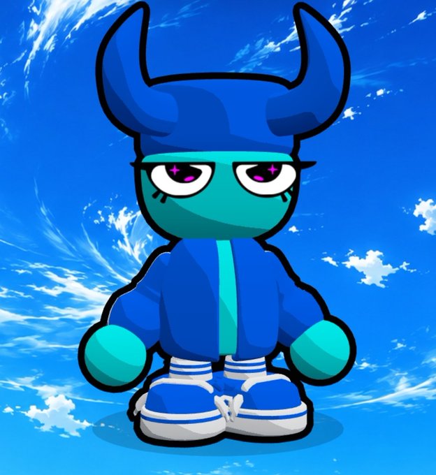 A cartoon illustration of a blue and green monster character with horns, wearing sneakers and sporting starry purple eyes, set against a bright blue sky background.