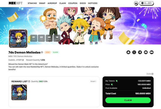 A webpage for 'MBX NFT' displays a '7ds Demon Meliodas' reward listing, showing a price of '180.0000 MBX' and a green 'CLAIM' button.