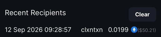 The image shows a transaction receipt confirming a payment of $50.21 sent on September 12, 2026, at 09:28:57, with a small fee of 0.0199 ETH to a recipient named "clxntxn," illustrating the creator fulfilling their promise of paying winners from a social media giveaway.