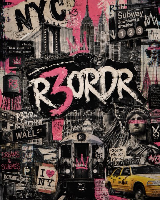 A vibrant urban collage featuring New York City iconography including the Brooklyn Bridge, the Statue of Liberty, yellow taxi cabs, and subway signs, overlaid with graffiti-style text reading 'R3ORDR', 'NYC', 'WALL ST', 'I ❤ NY', 'NYC Subway Downtown & Brooklyn', and 'DREAMS & SCHEMES'.