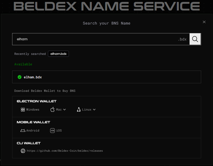 A screenshot of the Beldex Name Service interface showing a search for 'elham' with the available domain 'elham.bdx,' and options to download Beldex Wallet (Electron, Mobile, and CLI versions).