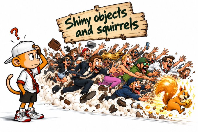 A cartoon illustration titled 'Shiny objects and squirrels' shows a confused monkey in a white cap watching a chaotic crowd chase after a squirrel holding gold coins.