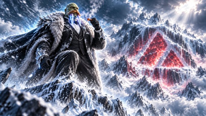 A fantasy digital artwork depicts a skeletal figure in a fur-lined cloak smoking, with icy breath visible, seated on a snowy mountain peak overlooking a glowing red crystalline structure in a dramatic cloudscape.