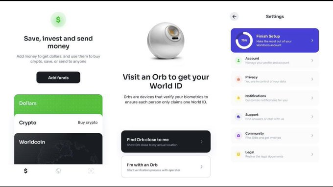 Three app screens from Worldcoin/World ID: a wallet interface to 'Save, invest and send money', a screen prompting to 'Visit an Orb to get your World ID', and a settings menu showing '58% Finish Setup'.