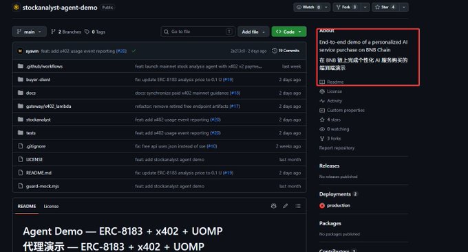 A GitHub repository page for 'stockanalyst-agent-demo' showing a sidebar description about an end-to-end demo of a personalized AI service purchased on BNB Chain, featuring a code marketplace solution (股票上传成个性化 AI 服务购买的端到端演示).