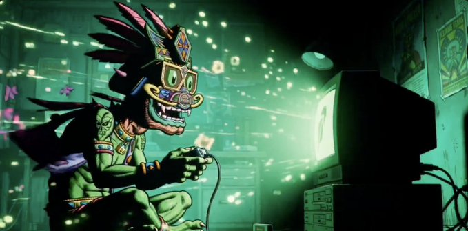 A stylized illustration of a character in a feathered headdress and goggles joyfully playing a retro video game in a green-lit arcade.