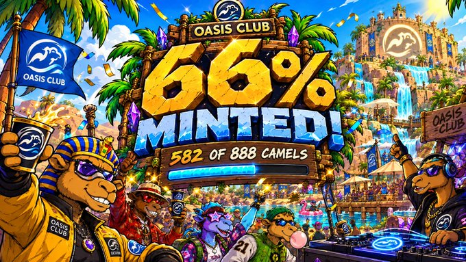 Colorful promotional artwork for 'Oasis Club' featuring animated camel characters, a tropical resort setting, and bold text announcing '66% MINTED!' and '582 OF 888 CAMELS'.