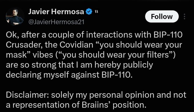 A tweet from Javier Hermosa (@JavierHermosa21) publicly declaring his opposition to BIP-110, referencing Covidian mask-wearing vibes, with a disclaimer that it is his personal opinion.