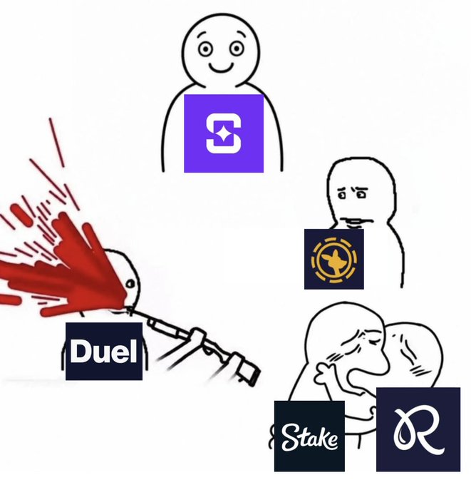 A meme depicting various crypto/gambling platform logos (Duel, Stake, Rollbit, and a purple logo) mapped onto simple stick figures, with one figure being attacked with a bloody weapon.