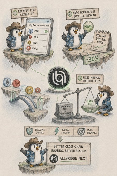 A cartoon-style infographic features cowboy-hat-wearing penguin mascots highlighting three key features of Allbridge: "1. Relayer Fee Flexibility" (showing ETH, TRX, BNB, AVAX payment options), "2. ABRO Holders Get 30% Fee Discount" (with a "Rolling 24h Avg Price" chart), and "3. Fixed Minimal Protocol Fees" (balancing "Variable Fees" against "Fixed Fees"). The illustration concludes with benefits—Preserve Capital, Reduce Friction, More Predictable—and the tagline "Better Cross-Chain Routing. Better Results. Allbridge Next," visually reinforcing the post's point about how Allbridge tackles high cross-chain costs through fee flexibility and reduced price impact.