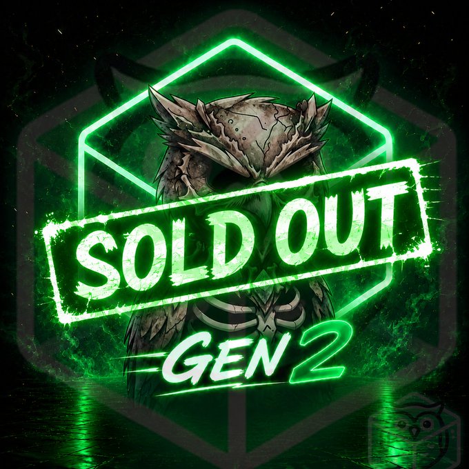 A dark fantasy illustration of an owl with glowing green neon outlines and a large "SOLD OUT GEN 2" stamp overlay, featuring an owl logo watermark in the bottom right.