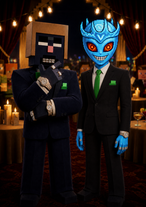 Two Minecraft-style characters, one resembling a black-suited figure with a watch and the other a blue Night King-like figure in a suit, stand in a candlelit ballroom setting.