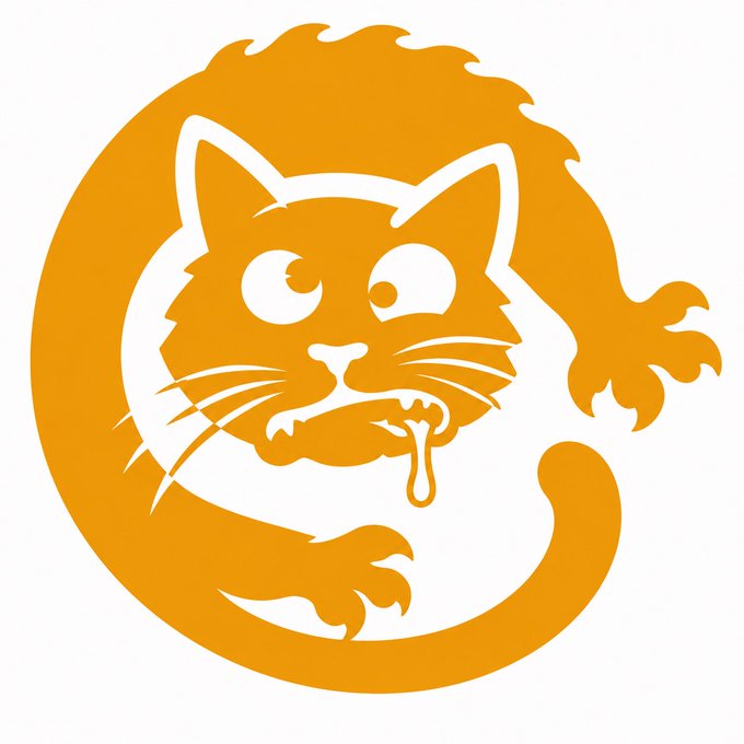 An orange stylized cat logo design showing a cat with a mischievous expression, whiskers, and a curled tail within a circular shape.