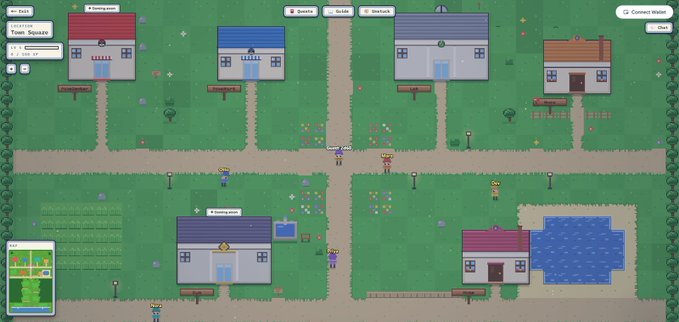 A pixel-art style virtual town featuring colorful houses, character avatars, and a minimap, with visible UI labels like "Spaces," "Invite," "Interact," "Connect Wallet," and a chat box—suggesting a browser-based on-chain game in development. The image visually represents the post's announcement of building a Pokémon-inspired on-chain game on BNB Chain.