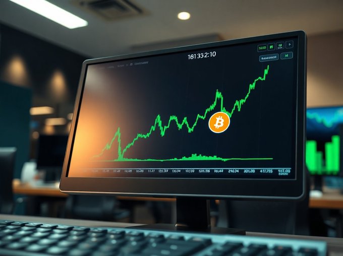 A photograph of a computer monitor displaying a green Bitcoin price chart with an upward trend showing a value of 161,332.10 and an orange Bitcoin logo, with a keyboard visible in the foreground in a dimly lit office setting.