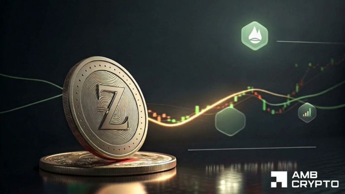 A promotional graphic featuring a gold cryptocurrency coin with the letter "Z" alongside a stock chart and the "AMB Crypto" logo in the bottom right corner.