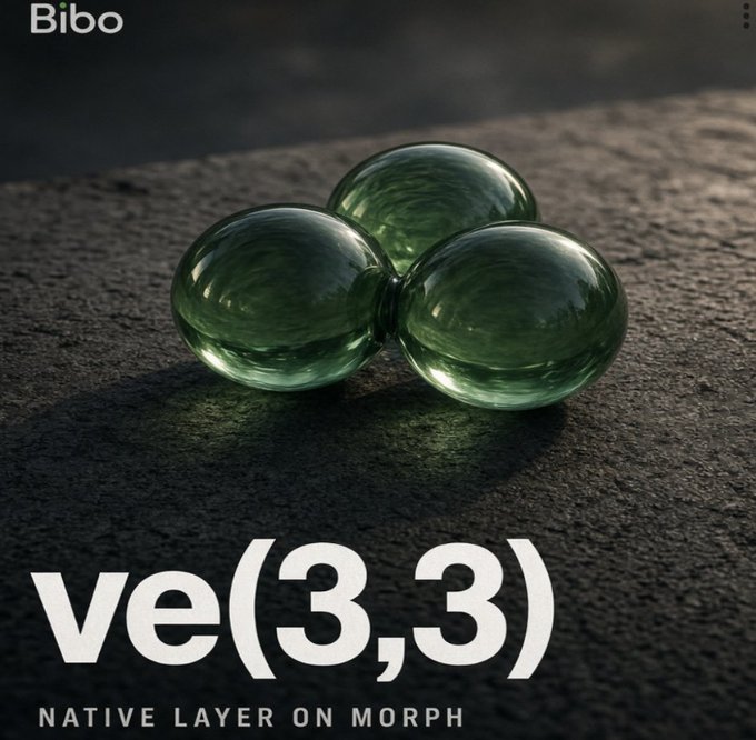 A product image for a software or graphics asset titled 've(3,3)' with the subtitle 'NATIVE LAYER ON MORPH' by Bibo, featuring three green translucent spheres on a textured dark surface.