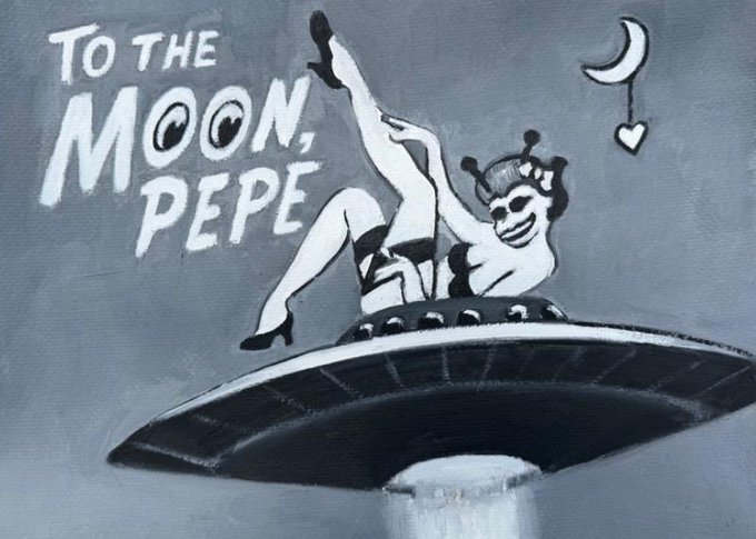 The image features a black and white illustration of an alien woman sitting on top of an ufo (unmanned aerial vehicle). The artist has also included text that reads "To the Moon, Pepe" above her. This suggests that the artwork is inspired by the popular science fiction movie "Star Wars".