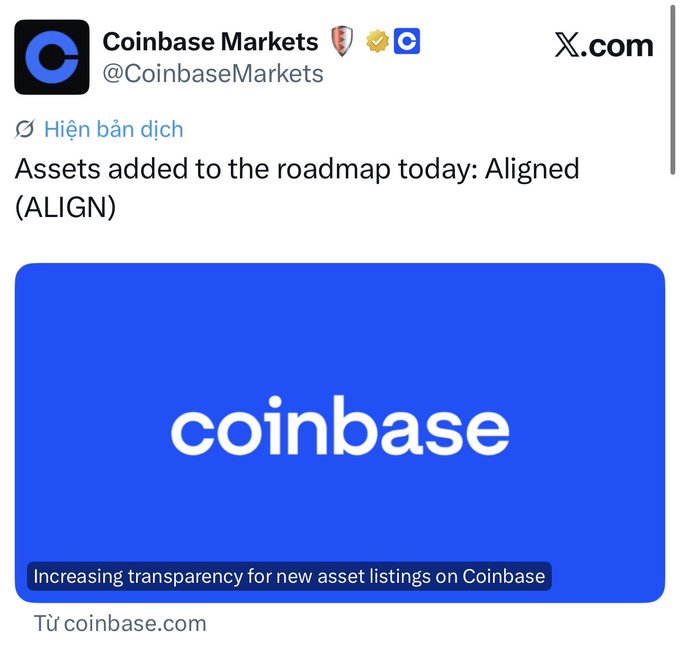A screenshot of a Coinbase Markets tweet announcing that Aligned (ALIGN) has been added to their asset listing roadmap, aligning with discussion of the project's airdrop finally going live after a lengthy waiting period since eligibility checks began in late 2024.