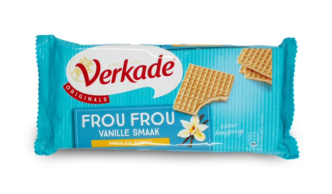 The image features a blue and white bag of wafer cookies, which are vanilla flavored. The text on the package indicates that these cookies are from Verkade Original Origins.