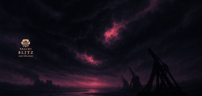 A dark fantasy digital artwork featuring a "REALMS BLITZ" logo in the corner, depicting oil derricks silhouetted against a stormy magenta and black sky over water.
