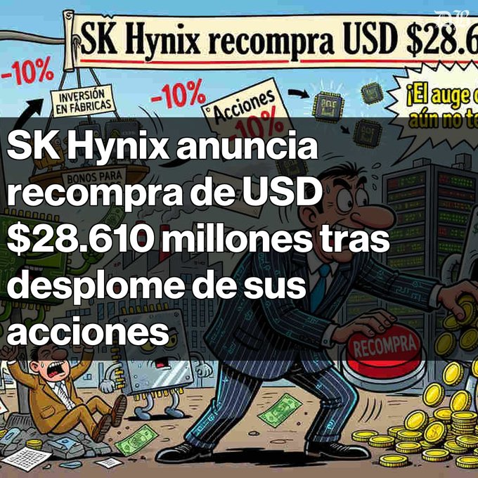 A Spanish-language news graphic reads 'SK Hynix anuncia recompra de USD $28,610 millones tras desplome de sus acciones' over a cartoon depicting a stock market crash and a buyback button.